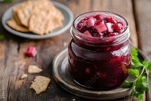 Handmade rhubarb jam in jar on wooden table photo