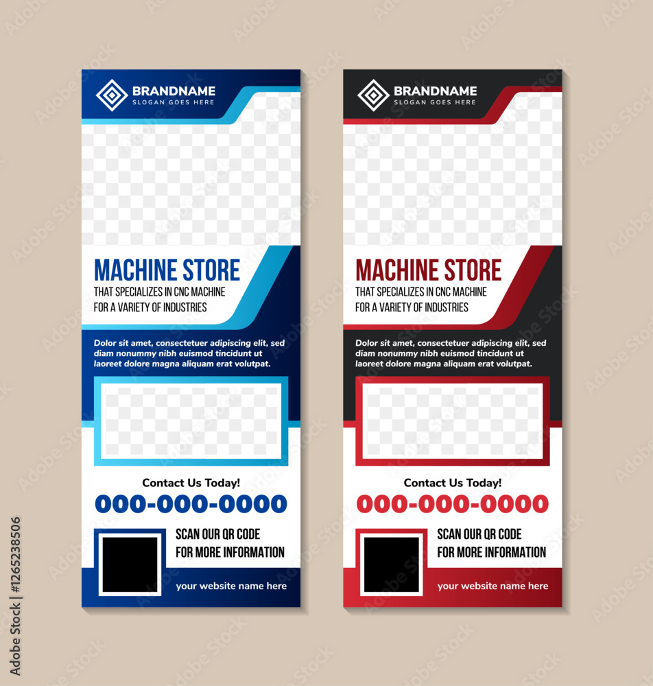collection of machine store sale roll up Banner Design Template with space for photo collage on rectangle shape. combination of white, black, red and blue colors. vertical layout background. collection of machine store sale roll up Banner Design Template with space for photo collage on rectangle shape. combination of white, black, red and blue colors. vertical layout background.