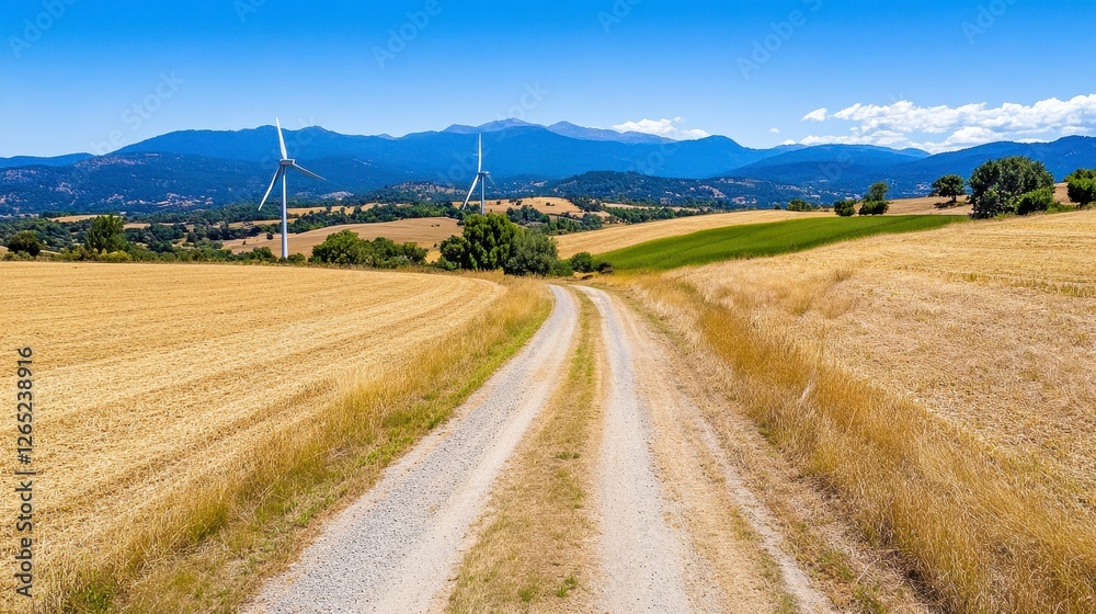 Golden Fields and Distant Mountains Under a Bright Blue Sky Golden Fields and Distant Mountains Under a Bright Blue Sky