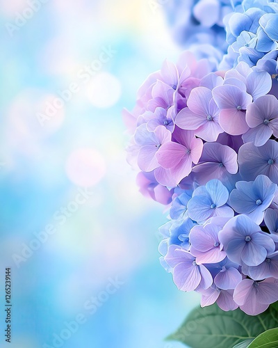 A beautiful blend of blue and purple hydrangea flowers, creating a serene and calming atmosphere.