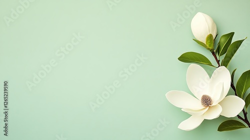 Delicate white magnolia flowers against a soft mint green background, perfect for springtime or floral themes.