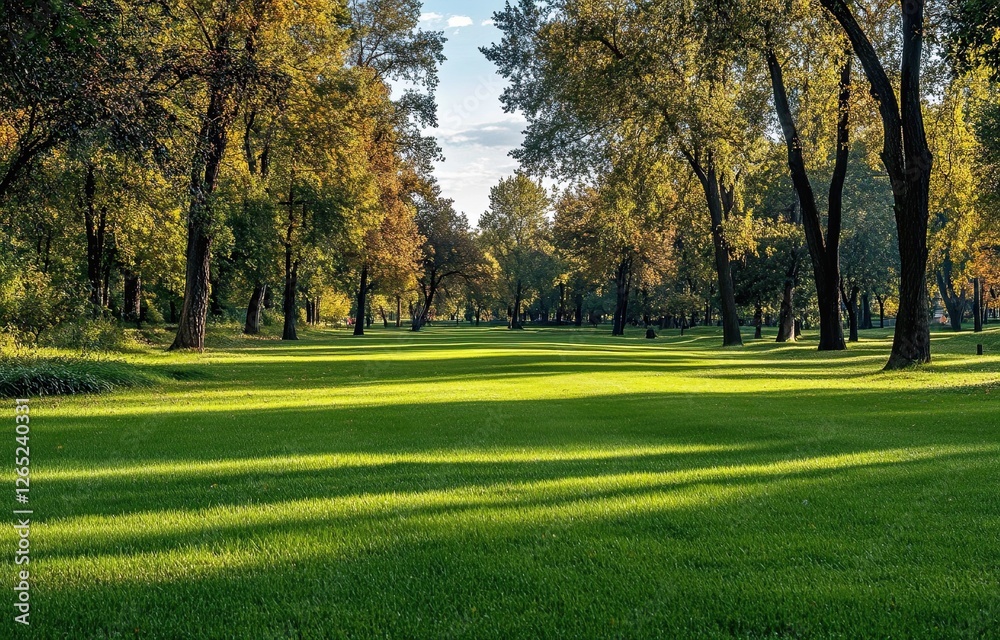 A beautiful defocused background of spring nature, highlighting a neatly trimmed lawn surrounded by trees beneath a blue sky with clouds on a sunny day A beautiful defocused background of spring nature, highlighting a neatly trimmed lawn surrounded by trees beneath a blue sky with clouds on a sunny day