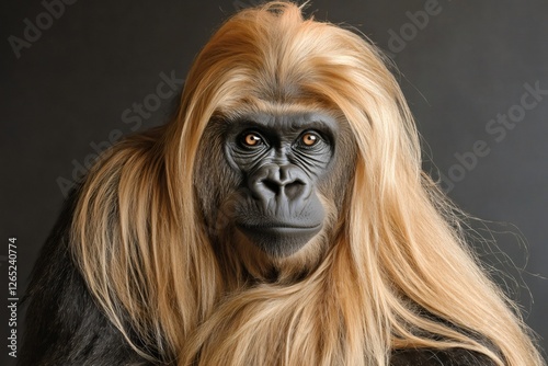 Gorilla with long blond hair gazing forward against a dark background, showcasing a striking expression and captivating brown eyes