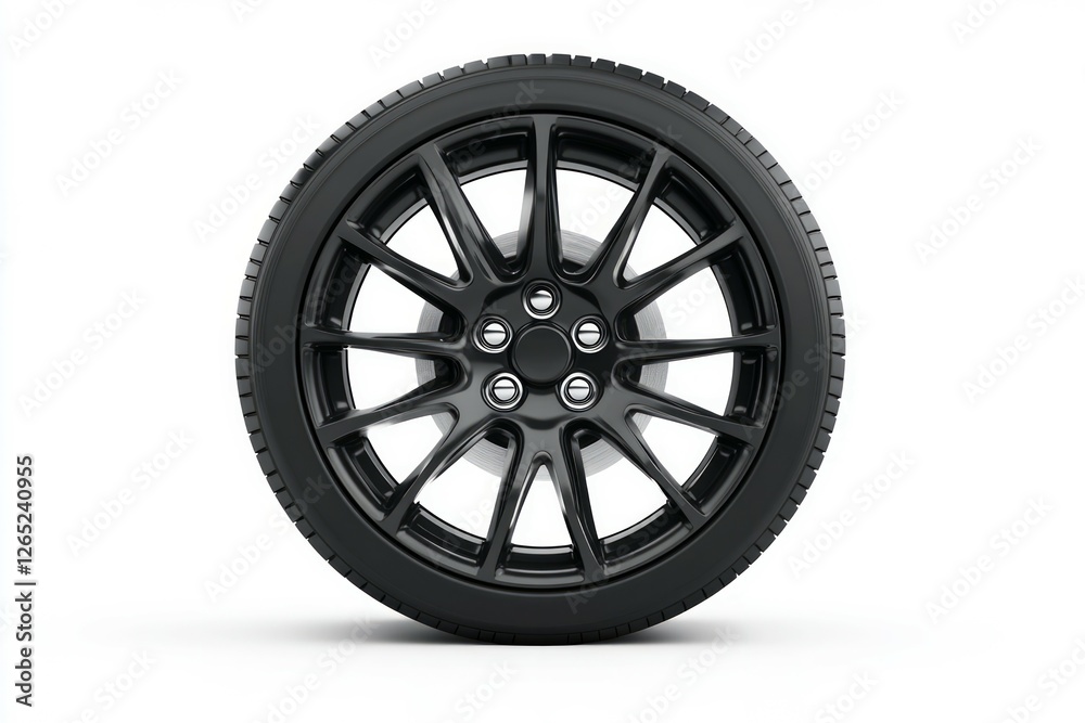 Glossy black car wheel on white background. AI generated Glossy black car wheel on white background. AI generated