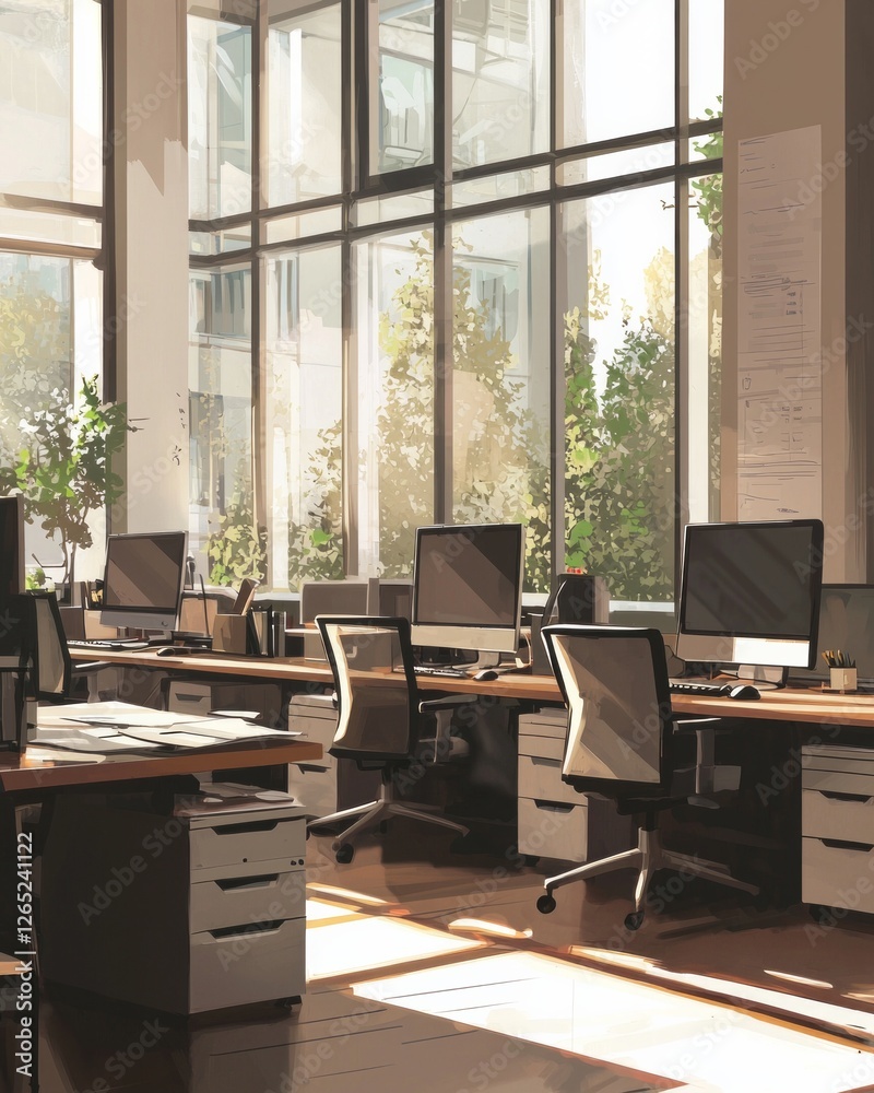 Fototapeta premium A large modern office with desks and computers, sunlight streaming through the windows, a bright and airy atmosphere, no people present, a realistic illustration style. 