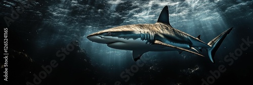 Wallpaper Mural Majestic shark glides underwater, sunlight streams down. Torontodigital.ca