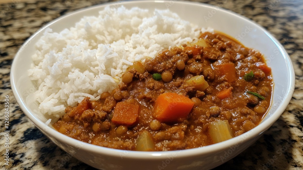Hearty Beef Curry with Rice on Marble Hearty Beef Curry with Rice on Marble