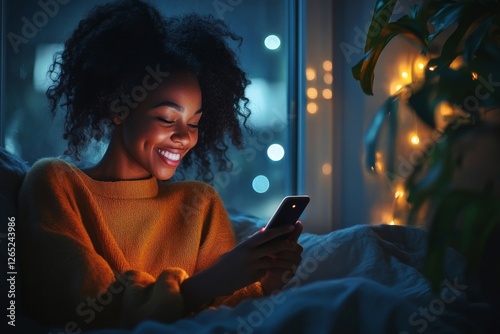 Happy lady using cellphone chatting in social media app late at night, lying in bed and smiling at phone screen, Generative AI