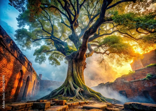 Urban Exploration Trees in Mist - AI Photo