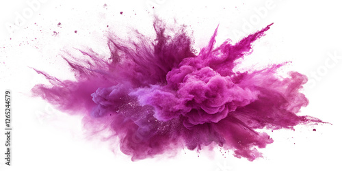 A vibrant magenda smoke explosion, abstract and isolated on a transparent background.