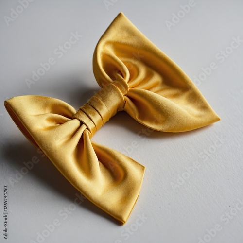 A bright yellow silk bow tie positioned perfectly on a flawless white surface.