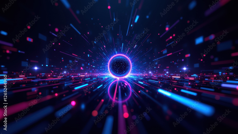 Obraz premium Abstract digital space with neon lights and futuristic elements symbolizing ci/cd processes in devops.