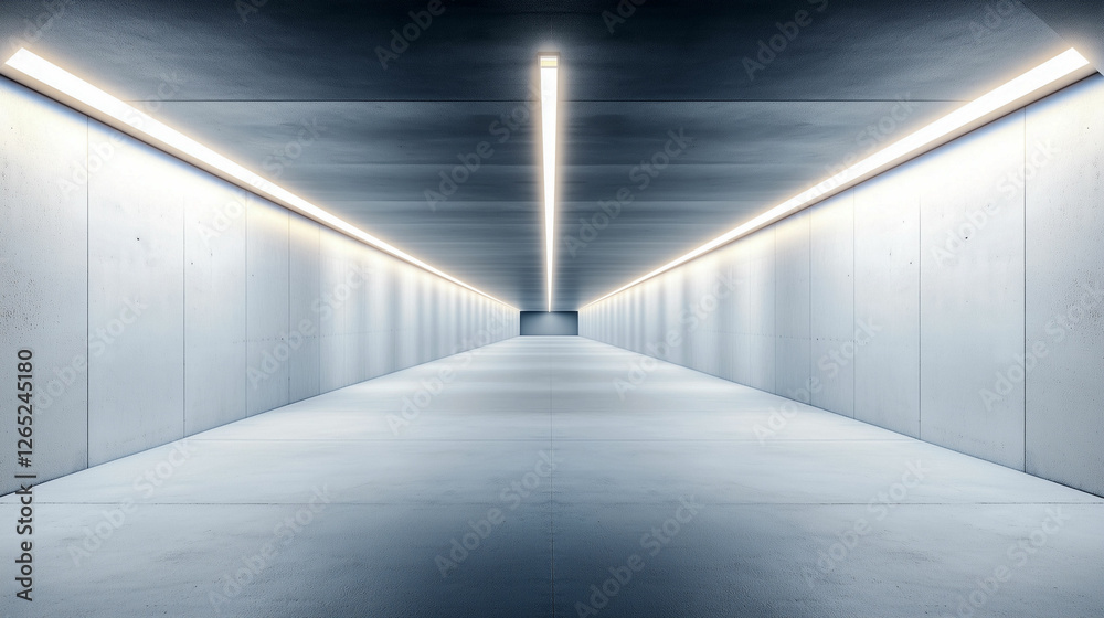 Obraz premium Modern minimalist corridor with bright lighting and concrete walls in an underground setting. Generative AI