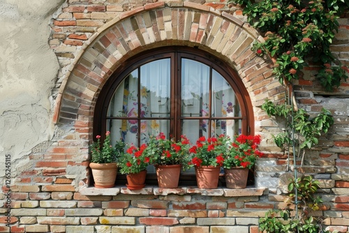 Photo of Red brick wall and arched window of classical european building in Rome. Texture for background usage