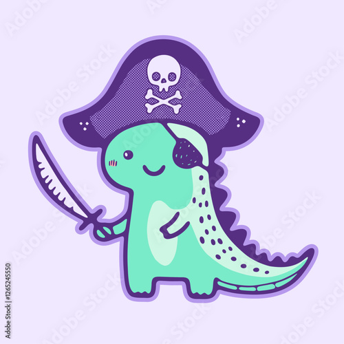 cute dinosaur wearing a pirate hat and an eye patch and holding a saber, funny sticker design, mascot illustration