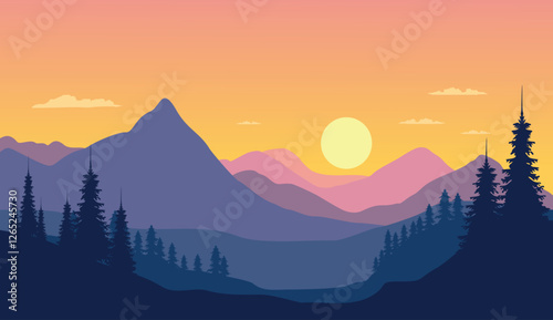 flat vector nature scenery with pine forest silhouette and simple sunset