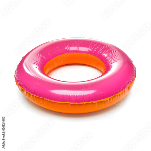 A pink and orange inflatable doughnut-shaped item that is designed for relaxation in water bodies. photo