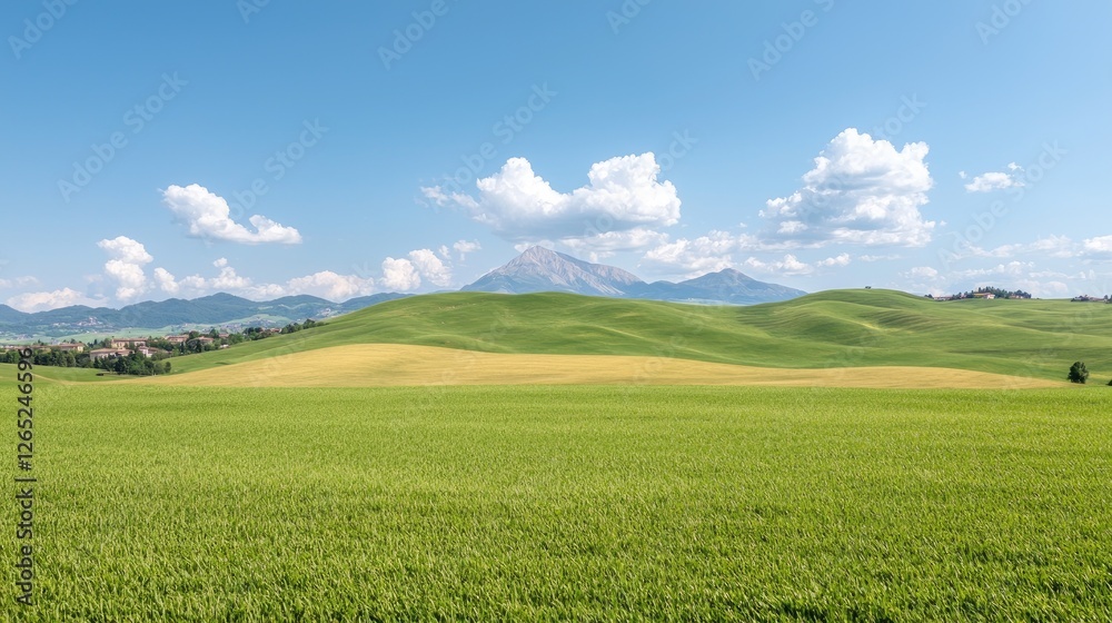Rolling hills, mountain view, sunny day, farmland background; travel brochure Rolling hills, mountain view, sunny day, farmland background; travel brochure