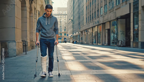 Close-up of a young man with a slight build, balancing on crutches. One of his legs is completely wrapped in a smooth white cast, showing the unevenness of the bandages and fixation points.