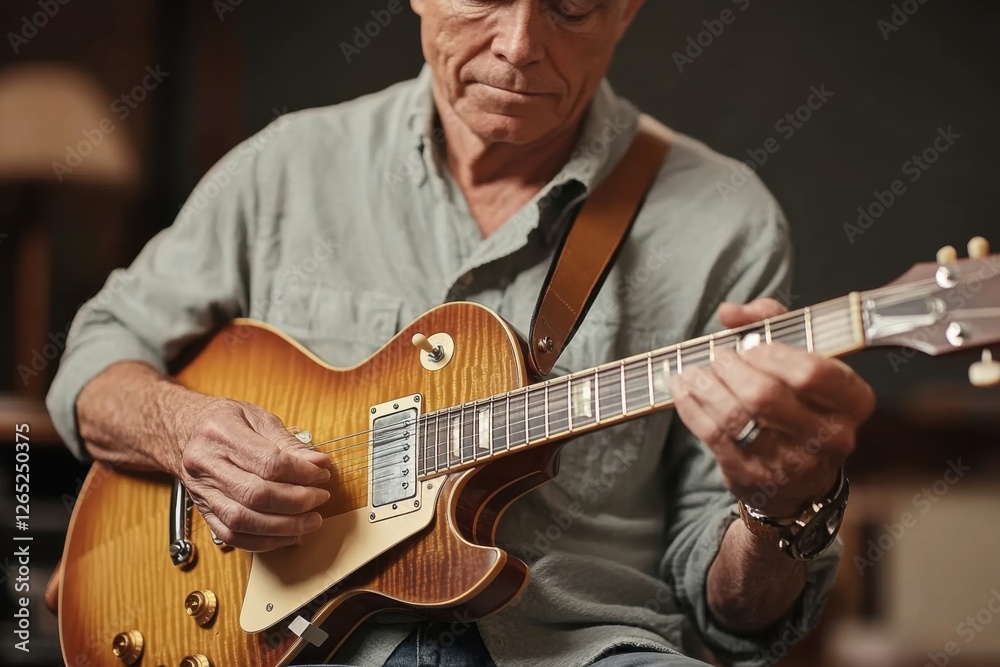 Fototapeta premium man plays an electric guitar, a person in in a khaki shirt. close-up portrait. the man is a musician.