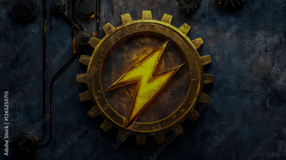 Fototapeta premium A dynamic golden lightning bolt emblem, framed by a robust metallic gear