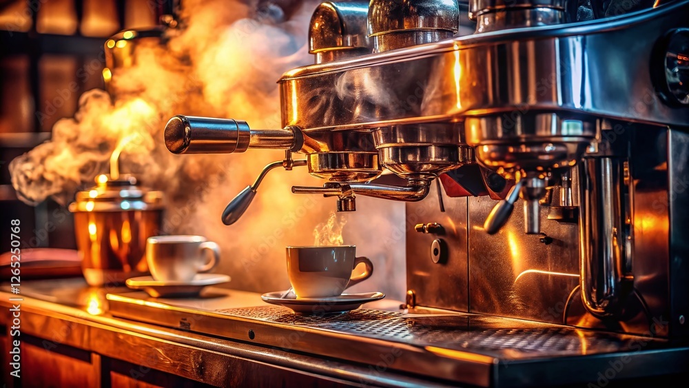 Fototapeta premium Vintage Espresso Machine in Dimly Lit Coffee Shop - A Retro Coffee Brewing History