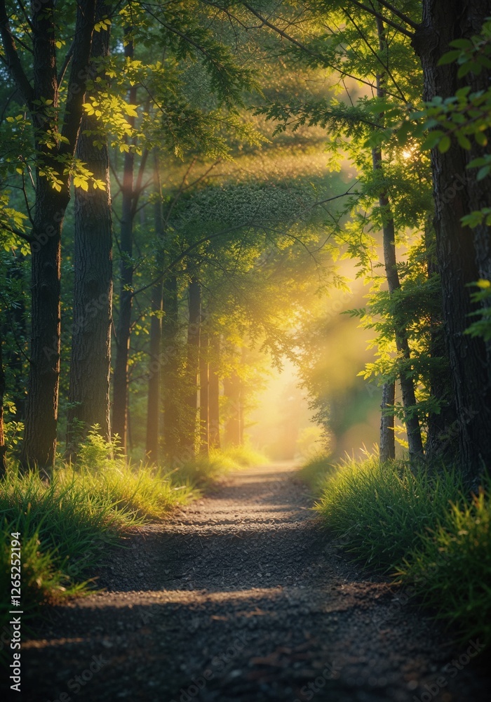 Fototapeta premium A serene forest path illuminated by gentle sunlight filtering through the trees, creating a tranquil and inviting atmosphere.