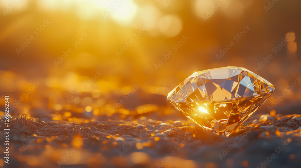 A sparkling diamond resting on the ground during a vibrant sunset A sparkling diamond resting on the ground during a vibrant sunset