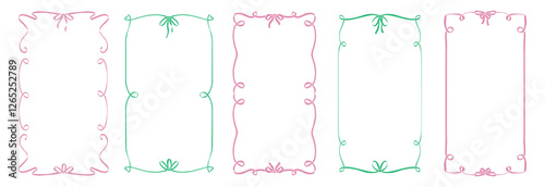 Elegant trendy Frames set, Hand Drawn pink and green Borders with bows for Wedding Invitation, Whimsical frames for birthday card, Squiggly and Wavy Borders. Minimalist line art. Flat vector design