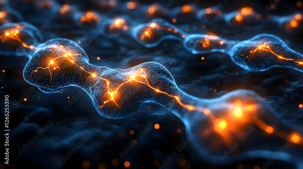Obraz premium Abstract Glowing Dotted Lines With Orange Particles On Dark Blue Background