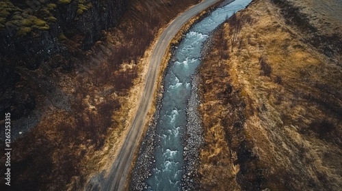 Aerial Iceland Road River Valley Landscape