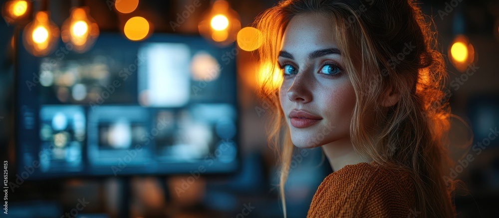 Woman looking away from computer screen in creative workspace. Woman looking away from computer screen in creative workspace.