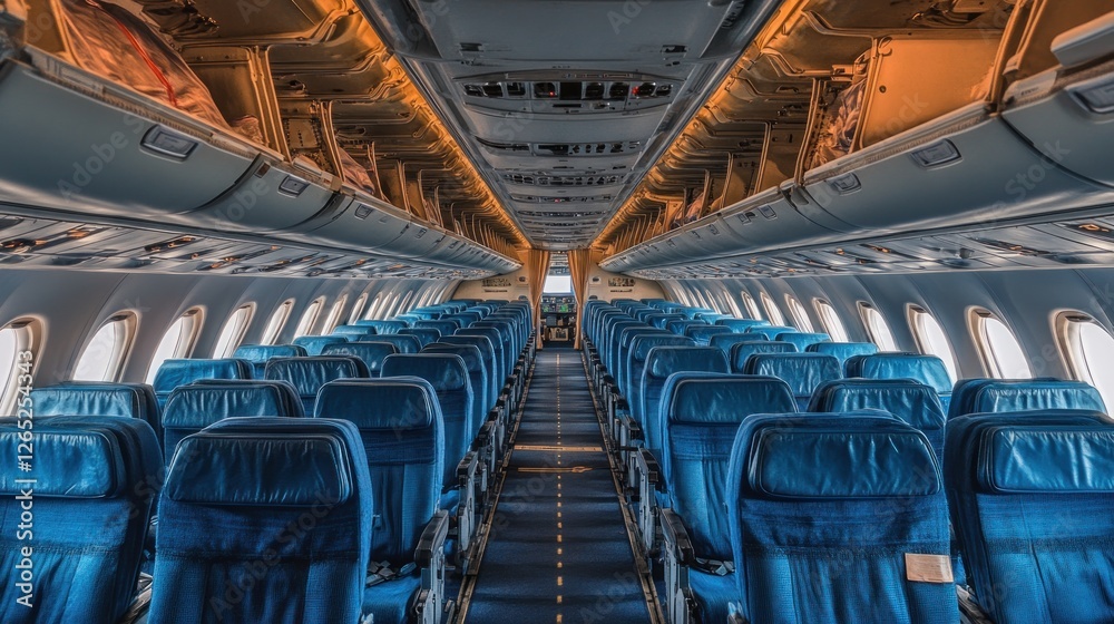 Obraz premium Empty airplane cabin, daytime flight