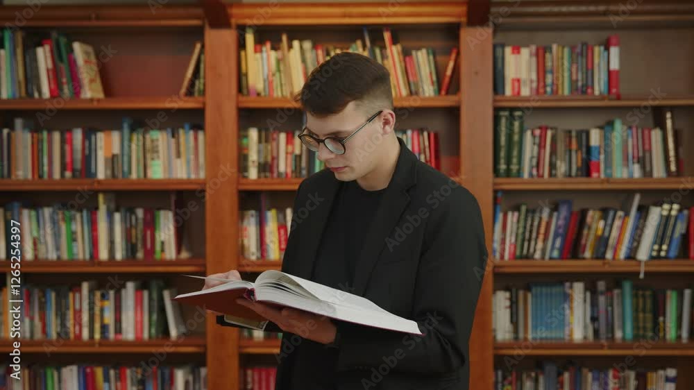 A young man is deeply engrossed in reading a book while seated in a library environment. Media