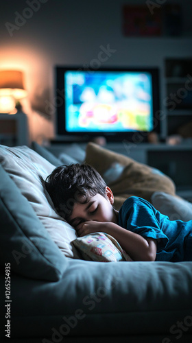 Child peacefully sleeping on a couch in a cozy living room during the evening while a television glows softly in the background. Generative AI