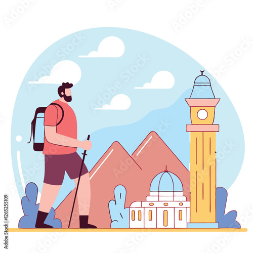 A cartoon illustration depicting a man hiking in a mountainous landscape with a historical tower, showcasing a mix of cultural elements.