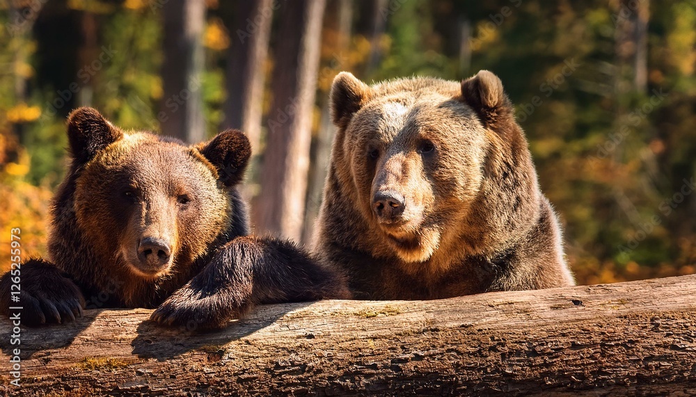Fototapeta premium dos osos macho y hembra sobre un tronco grande tumbado en el suelo, mirando el bosque