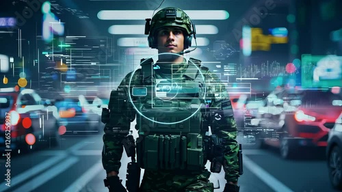 Wallpaper Mural A graphic representation of a soldier wearing tactical gear in urban environment with graphical elements Torontodigital.ca