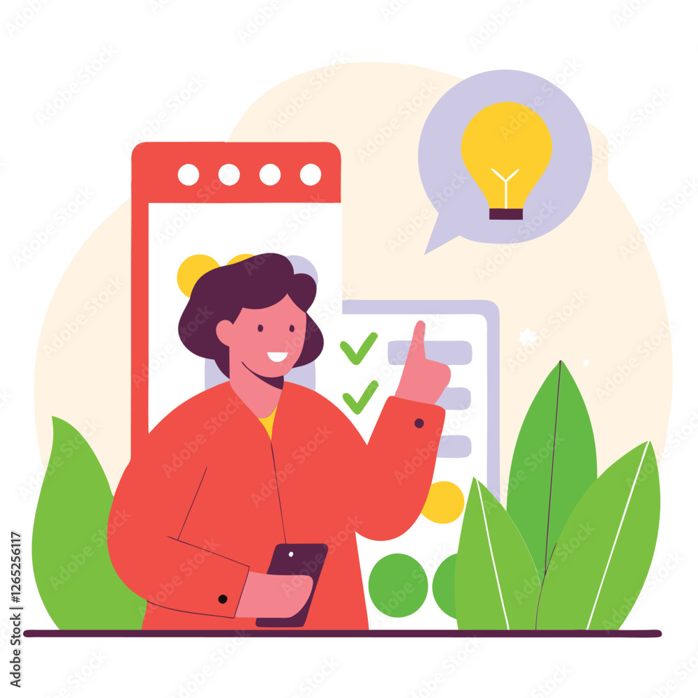 A cheerful individual with light skin and short hair holds a phone amidst a vibrant background with plants and light bulbs, conveying a sense of creativity.