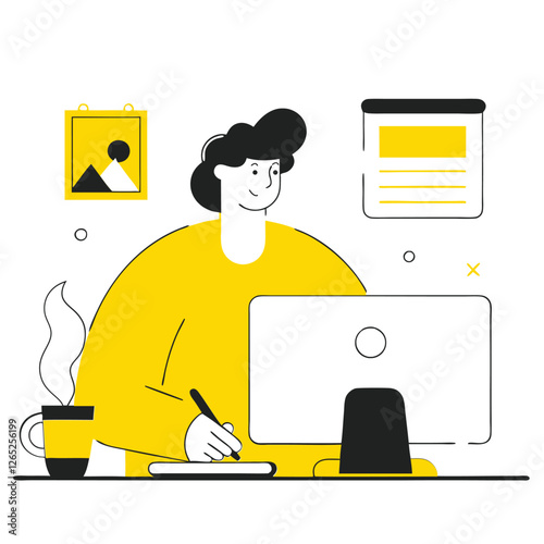 A professional female figure, depicted in a flat vector style, busy drawing at her desk. She's surrounded by a cup of coffee and abstract decor, exuding creativity.