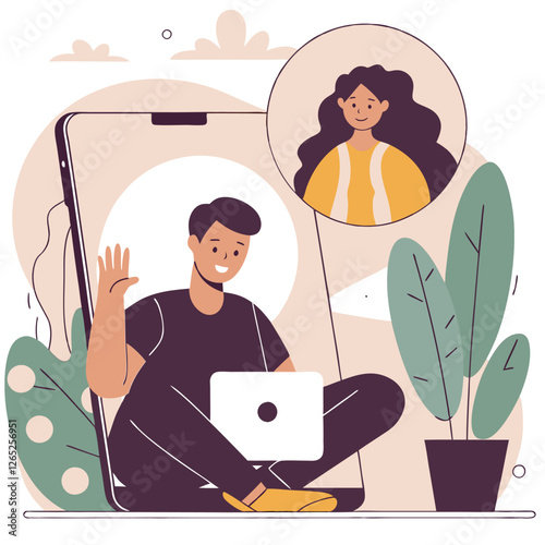 This illustration depicts a diverse group engaged in a virtual meeting from home. European and Asian characters are represented in a casual setting.