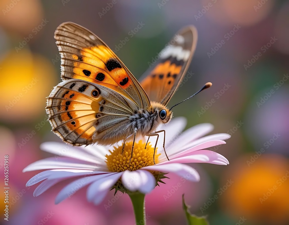 A vibrant butterfly with intricate patterns rests on a white daisy, set against a blurred floral background. Captures the beauty and fragility of spring. Ideal for nature, floral, or seasonal themes. A vibrant butterfly with intricate patterns rests on a white daisy, set against a blurred floral background. Captures the beauty and fragility of spring. Ideal for nature, floral, or seasonal themes.