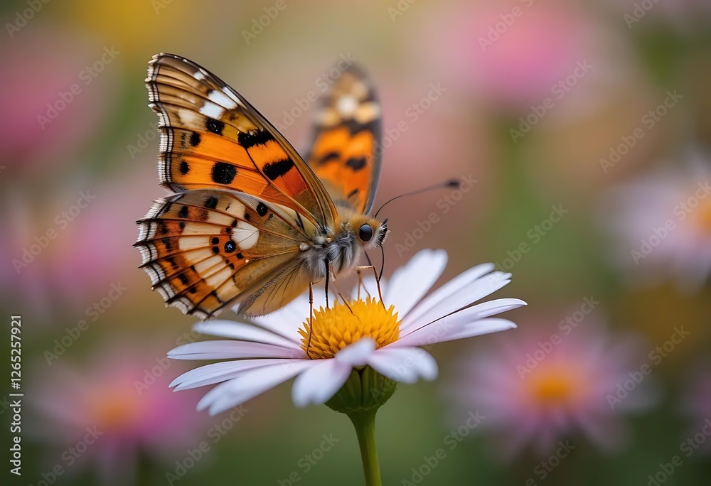 A vibrant butterfly with intricate patterns rests on a white daisy, set against a blurred floral background. Captures the beauty and fragility of spring. Ideal for nature, floral, or seasonal themes. A vibrant butterfly with intricate patterns rests on a white daisy, set against a blurred floral background. Captures the beauty and fragility of spring. Ideal for nature, floral, or seasonal themes.