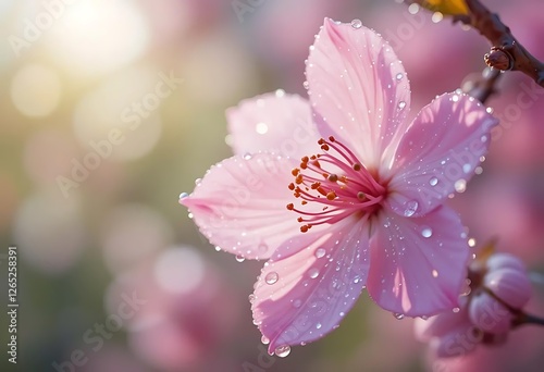A close-up of a vibrant pink cherry blossom flower with water droplets, bathed in soft sunlight against a blurred natural background. Captures the beauty and freshness of spring. Ideal for nature, flo