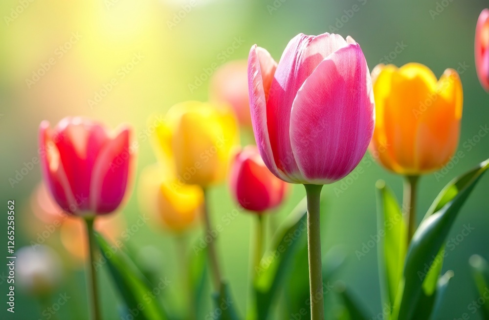 Fototapeta premium Colorful tulips among greenery close-up.