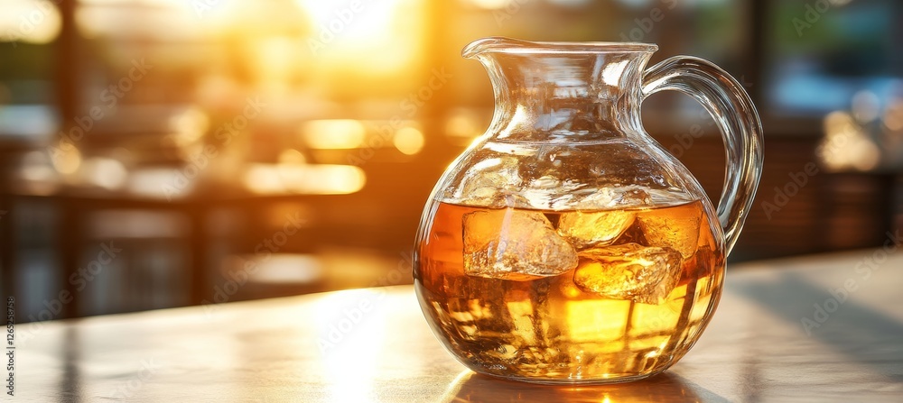 Refreshing Iced Tea in Glass Pitcher, Bathed in Warm Sunlight, with Blurred Restaurant Background Refreshing Iced Tea in Glass Pitcher, Bathed in Warm Sunlight, with Blurred Restaurant Background