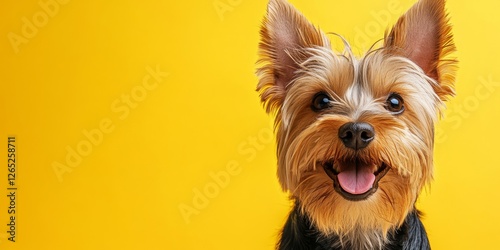 Portrait of cute joyful Yorkshire Terrier, pet dog animal banner with copy space, Generative AI