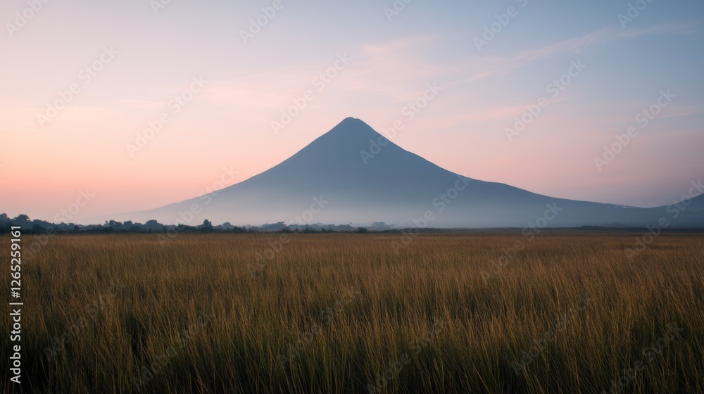 Sunrise over a volcano and golden field. Nature landscape. Possible use for a travel brochure or wallpaper Sunrise over a volcano and golden field. Nature landscape. Possible use for a travel brochure or wallpaper