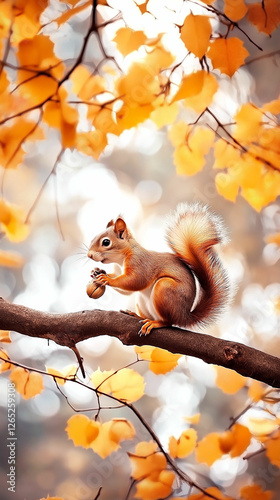 Squirrel eating acorn while perched on branch surrounded by autumn leaves in a forest. Generative AI