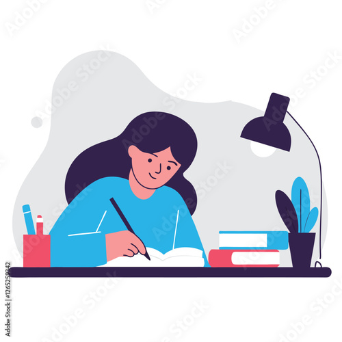 A young woman of European descent diligently studies at her desk, surrounded by books and stationery, focused on her work at night with a lamp's warm glow.